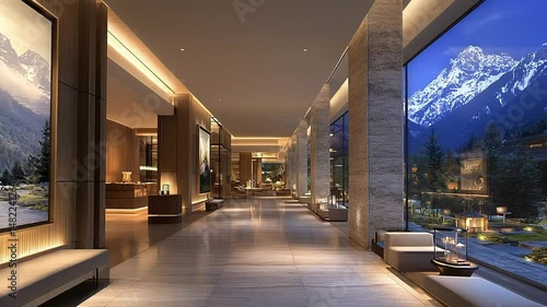 Modern hotel lobby with mountain view
