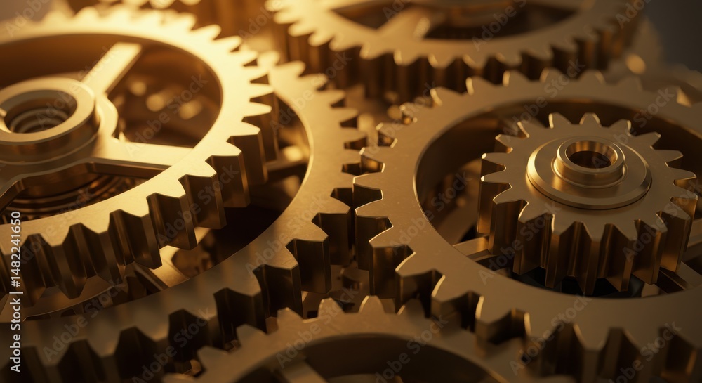 Golden gears representing mechanical processes and interconnectedness, with metallic texture Golden gears representing mechanical processes and interconnectedness, with metallic texture