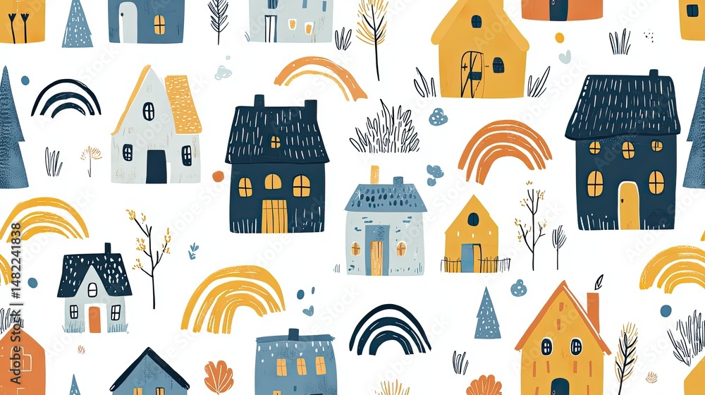 A seamless pattern with cute, colorful buildings, houses, and rainbows. A seamless pattern with cute, colorful buildings, houses, and rainbows.