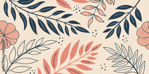 Seamless Pattern with Abstract Floral and Botanical Elements in Peach and Teal
