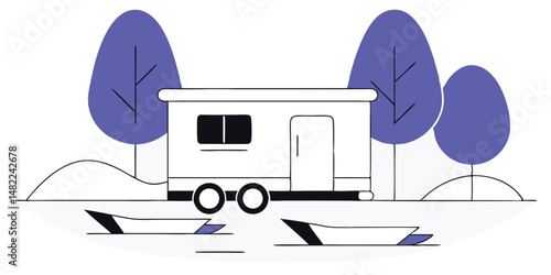 Winter camping trailer caravan in snowy landscape scene with pine trees and cold icy outdoor setting