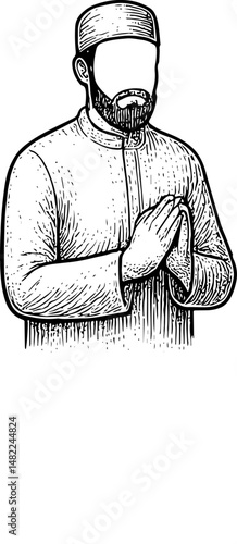 A Muslim wearing a koko shirt, and a cap as a head covering with an eyeless illustration style symbolizes devotion and respect during the celebration of Eid al-Fitr and Eid al-Adha, reflecting beliefs