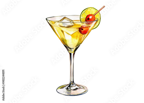 Wallpaper Mural watercolor drawing of a fresh summer martini cocktail with cherry isolated on white or transparent png Torontodigital.ca