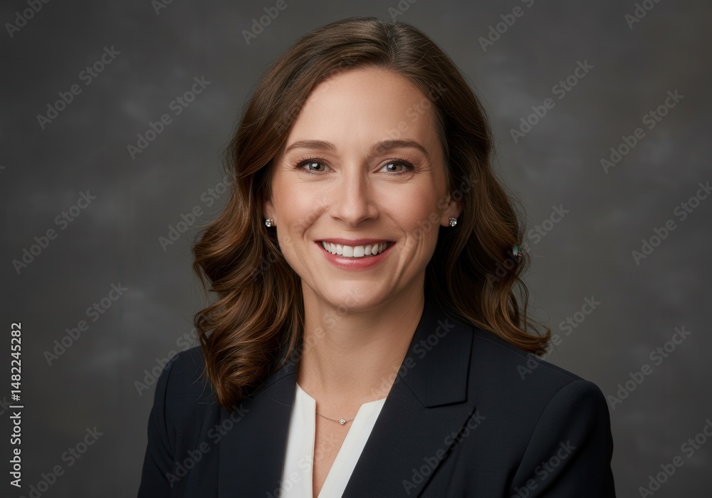 Smiling woman in a dark blazer and white shirt poses for a professional portrait Smiling woman in a dark blazer and white shirt poses for a professional portrait
