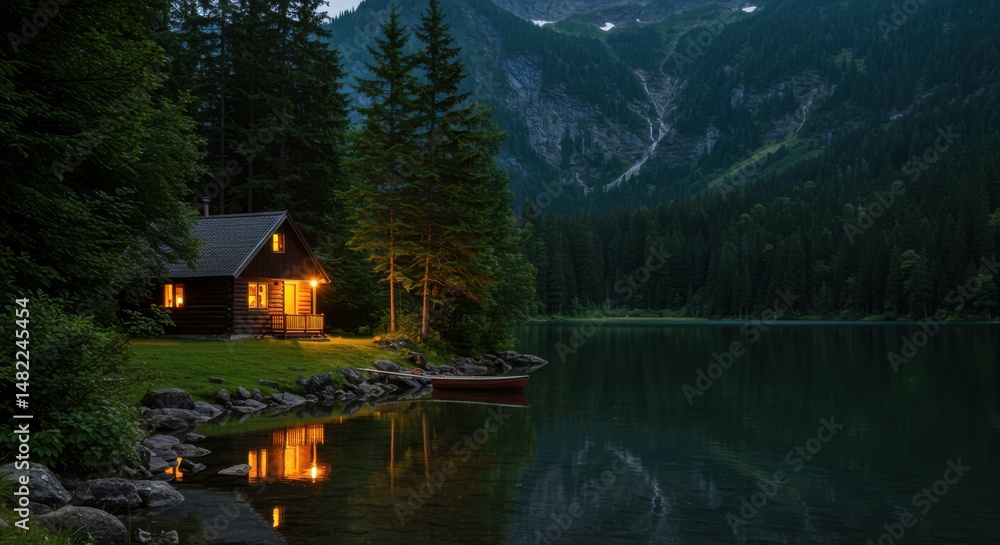 Fototapeta premium Cabin retreat serenity and peacefulness, with lake and mountain landscape