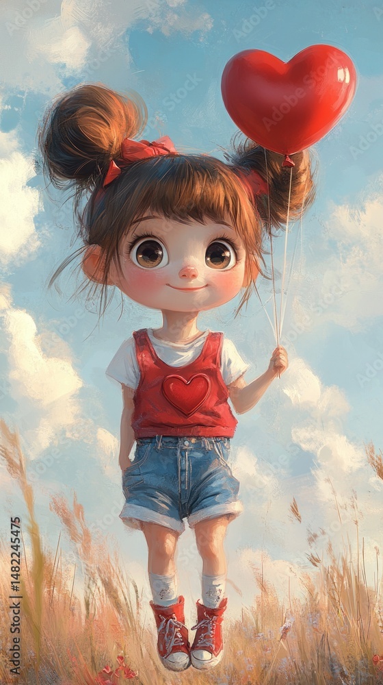 Fototapeta premium Adorable child floating with heart balloon