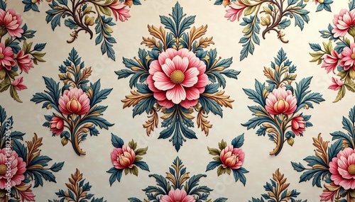 Intricate floral damask wallpaper in muted tones, gold, tapestry, muted