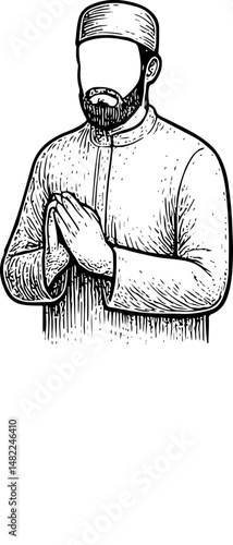 Black and white woodcut-style illustration of a bearded man wearing a kufi and collared shirt, hands clasped in prayer or greeting. Evokes Islamic culture, spirituality, and traditional attire