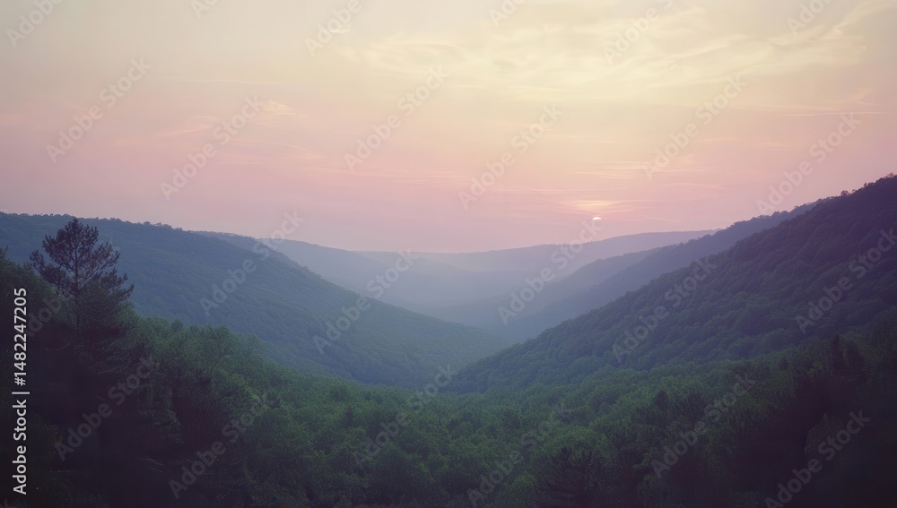 Obraz premium Misty mountain valley at sunset