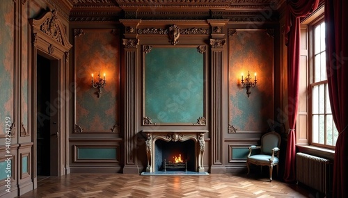 Elegant Victorian-era interior detail Ornate molding, rich textures, vintage aesthetic , wood paneling, ornate