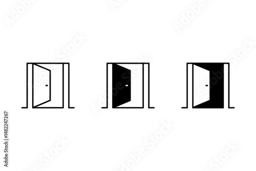 icon set open door in striped and black style on white backround	