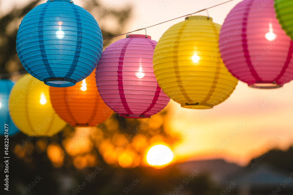 Obraz premium Colorful Paper Lanterns Illuminated at Sunset Outdoor Party Decoration