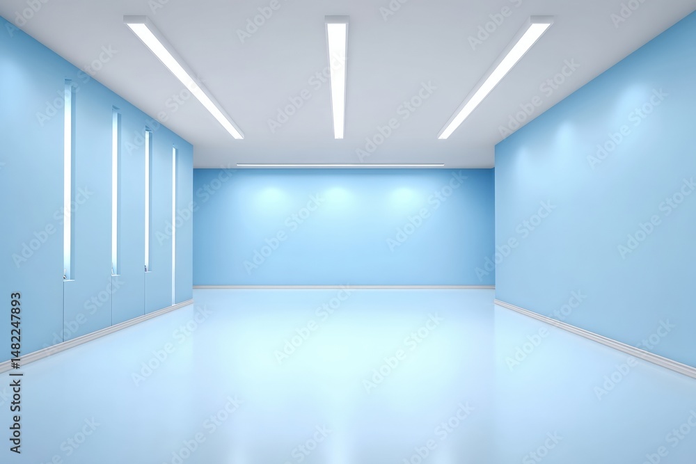 Minimalist empty blue room with modern lighting, smooth walls, and a clean, glossy floor, showcasing simplicity and spaciousness. Minimalist empty blue room with modern lighting, smooth walls, and a clean, glossy floor, showcasing simplicity and spaciousness.