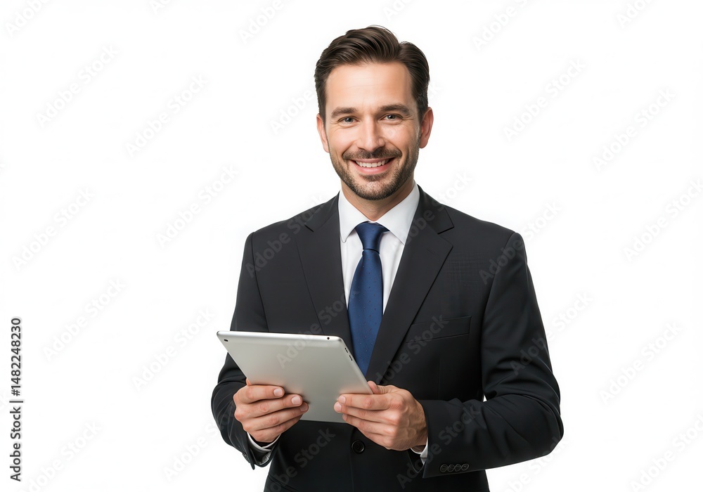 Smiling businessman in a suit holding a tablet device against a white background Smiling businessman in a suit holding a tablet device against a white background