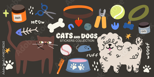 Set of cute cartoon cat and dog stickers. Vector pets clipart in a groovy style. Zoo set, accessories and equipment for animals in doodle retro style. Bones, toys, cosmetics for animals