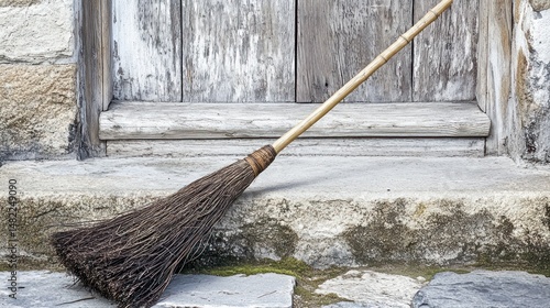 Wallpaper Mural Old broom resting by weathered door Torontodigital.ca