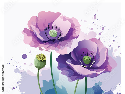 Delicate purple flowers with green buds watercolor