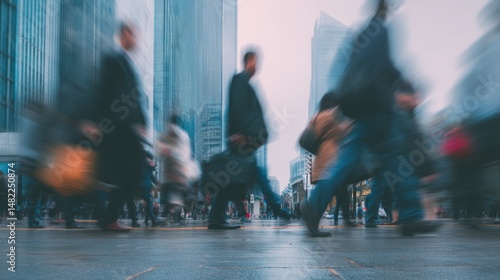 Fototapeta Naklejka Na Ścianę i Meble -  Blurred people walking in city street with tall buildings in the background.