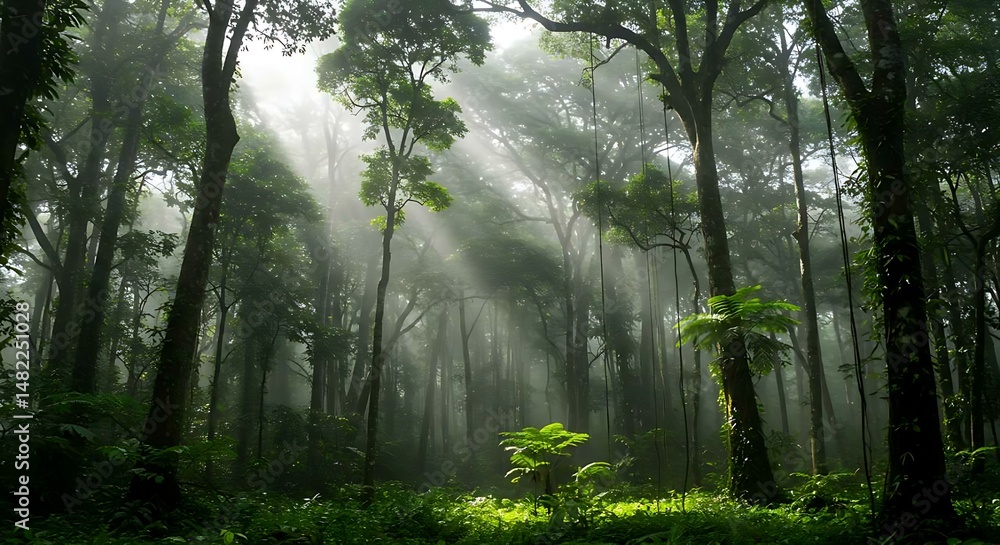 Obraz premium Sunbeams in Misty Rainforest