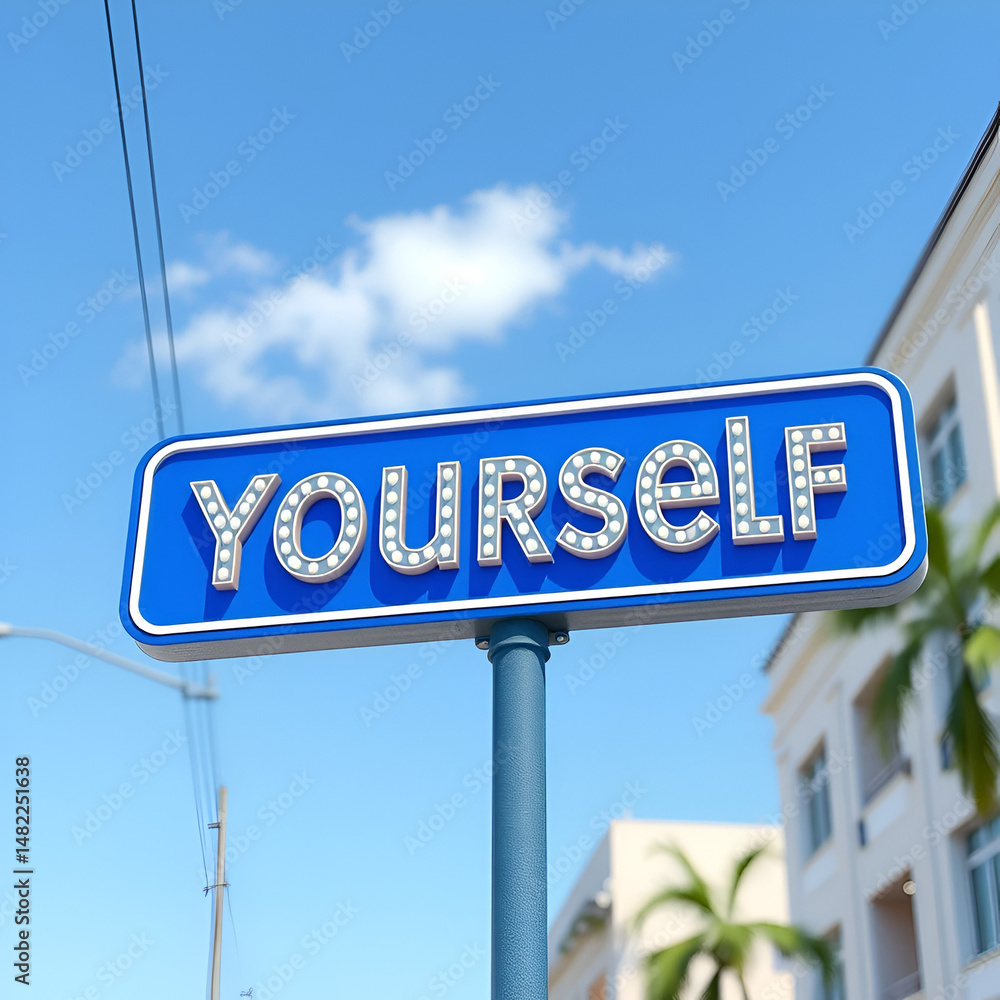 Obraz premium restart yourself, 3D rendering, blue street sign