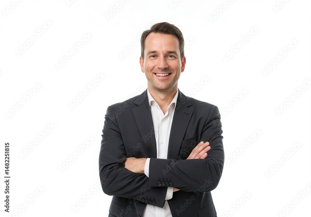 Confident businessman in a suit smiles with his arms crossed on a white background Confident businessman in a suit smiles with his arms crossed on a white background