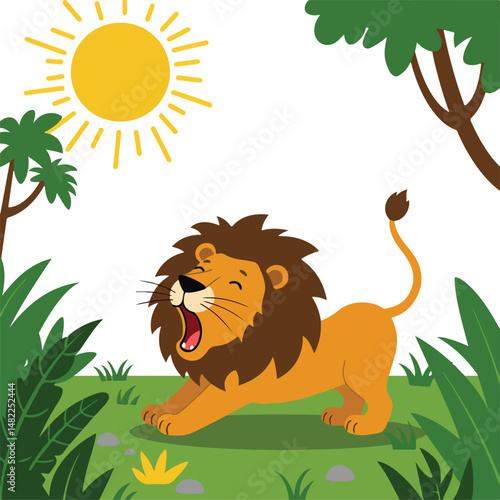 Cartoon Lion Roaring in Sunny Jungle with Green Tropical Trees. Isolated Vector Illustration