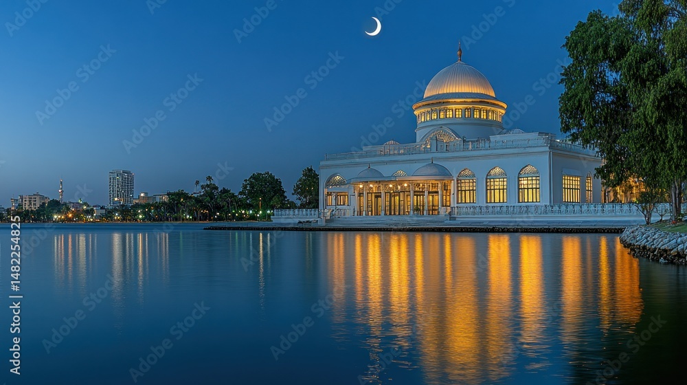 Fototapeta premium Serene white building by tranquil lake at twilight, crescent moon