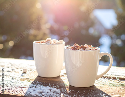 Warm up with this cozy image of two steaming mugs filled with marshmallows on a snowy wooden surface, bathed in soft sunlight.