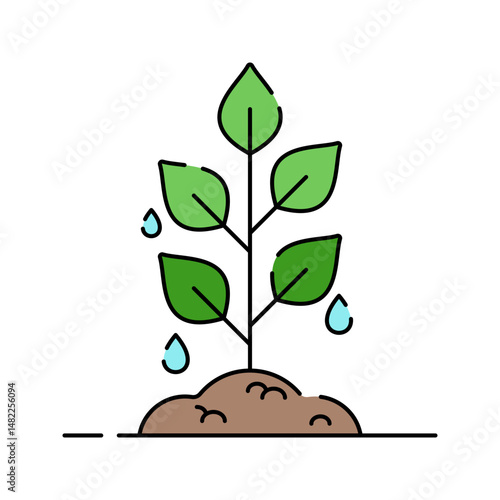 Sprouting Plant Flat design style, young plant growing from soil with water drops, ideal for sustainability, growth, and eco learning designs.