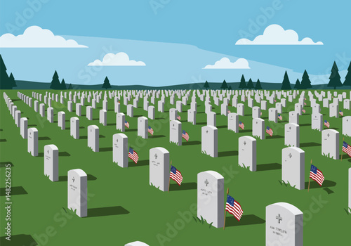 Adobe Illustrator Artwork Illustration for USA Memorial Day: Vast military cemetery with rows of headstones and small American flags. Remembering and honoring fallen heroes
