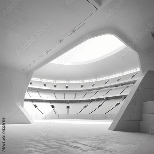 modern interior of a large, open stadium or arena smooth, white surfaces, interior of a modern building