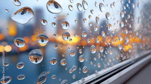 Cityscape Reflections in Raindrops on Windowpane at Dusk