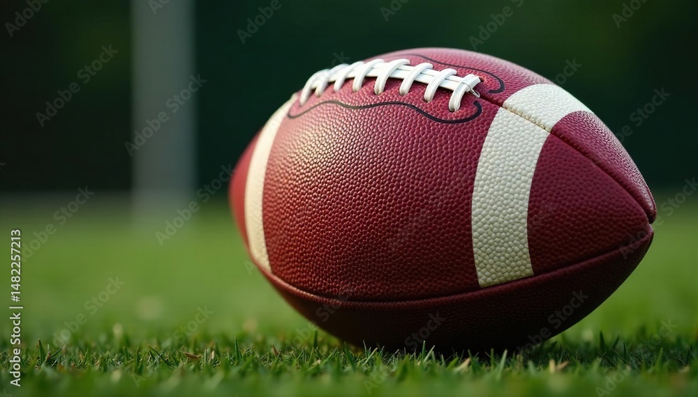 Close-up of a classic football, laces visible, ready for kickoff , worn, kick, macro Close-up of a classic football, laces visible, ready for kickoff , worn, kick, macro