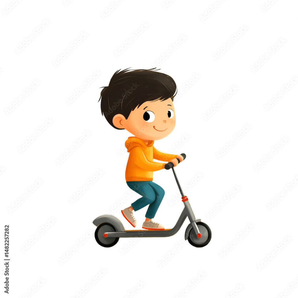 Joyful child riding a scooter in a bright yellow background digital illustration fun concept Joyful child riding a scooter in a bright yellow background digital illustration fun concept