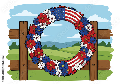 Adobe Illustrator Artwork Illustration for USA Memorial Day: Floral wreath with American flag colors hanging on a wooden fence. Symbol of remembrance and honor