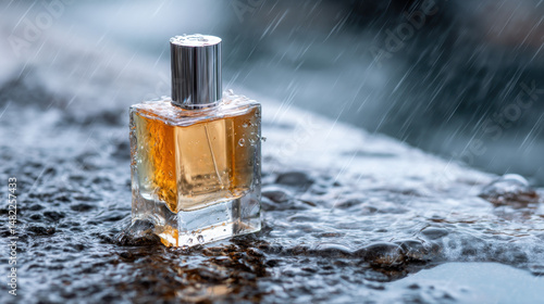 Amber Perfume Bottle in Rain Wet Rock Surface Luxury Fragrance