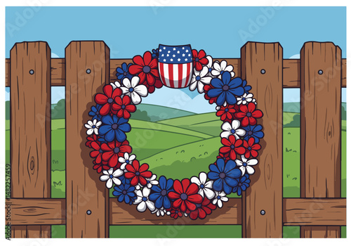 Adobe Illustrator Artwork Illustration for USA Memorial Day: Floral wreath with American flag colors hanging on a wooden fence. Symbol of remembrance and honor
