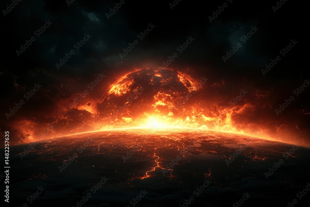 Fototapeta premium Fiery planet rising through stormy clouds