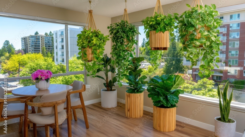 Naklejka premium Indoor Plants in Modern Interior with Natural Light. Home Decor, Wellness, and Urban Jungle Concept.