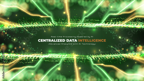 Futuristic technology background with green glowing dot particles and golden neon lines, high speed digital data transmission backdrop design concept. Vector illustration.