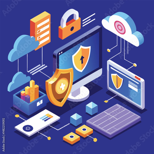 Isometric illustration showcasing data security cloud computing and internet protection concept