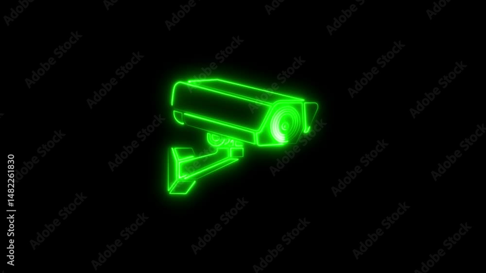 Green neon security camera illuminated against a black background abstract concept Green neon security camera illuminated against a black background abstract concept