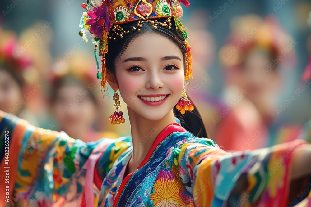 Obraz premium Vibrant traditional dancer in colorful attire performing at a cultural festival with joyful crowd