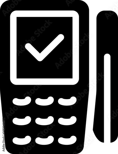 Payment terminal icon with checkmark and card. Silhouette style.