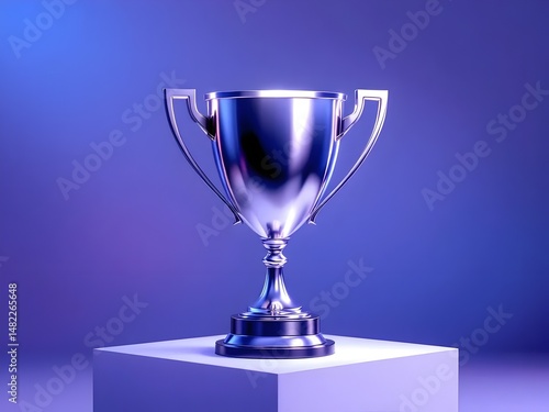 Silver trophy cup on a blue background