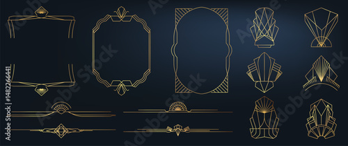 Collection of geometric art deco ornament. Luxury golden decorative element with different line, frame, headers, dividers, borders, gatsby. Set of elegant design suitable for card, invitation, poster.