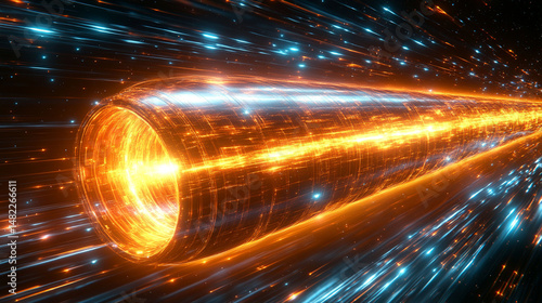 Abstract glowing energy tunnel, fast-moving data stream,  futuristic technology,  hyperspace,  speed of light,  digital,  tunnel effect,  glowing,  plasm