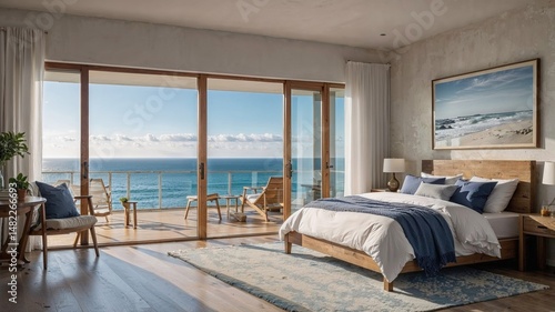 Serene bedroom with a panoramic ocean view, featuring minimalist coastal decor, soft blue tones, and natural wood, perfect for a peaceful seaside retreat or luxury vacation inspiration