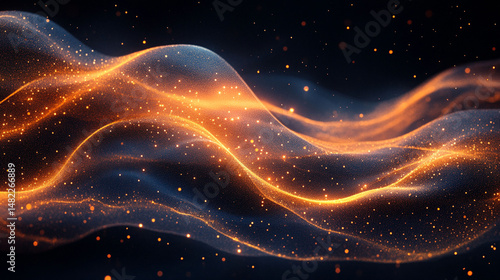 Abstract flowing golden waves of light and particles on a dark background.