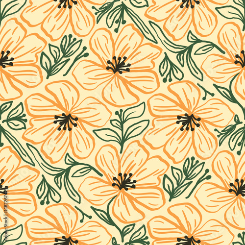 Abstract artistic Floral seamless pattern background vector. Colorful botanical wallpaper with flower, foliage. Design for prints, cover, fabric, packaging, wall art, home decor.